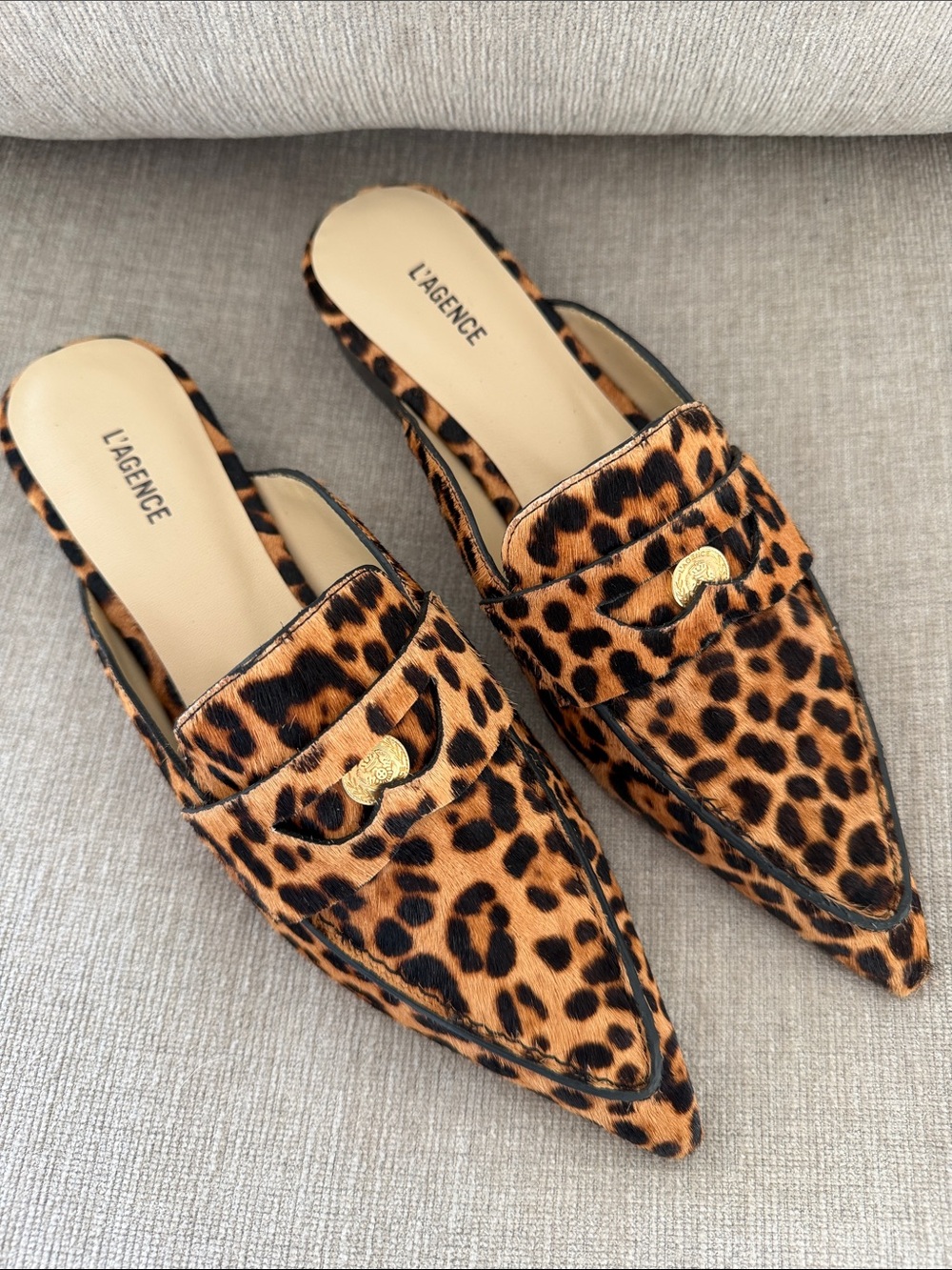 L'AGENCE Leopard-Print Ponyhair Pointed-Toe Mules in Brown and Black